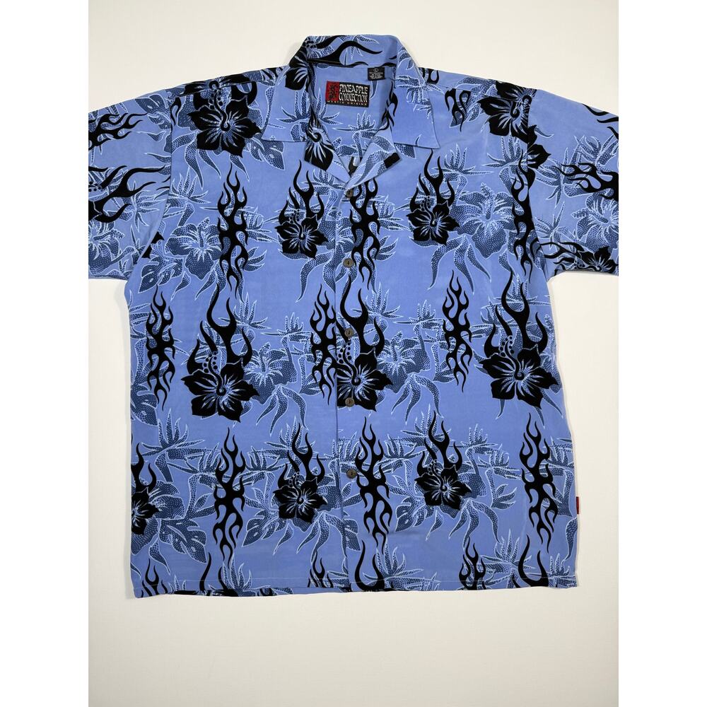 Vintage‎ Pineapple Connection Y2K Men's Blue Tribal Flame Hibiscus Button Up